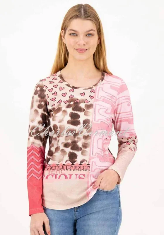 Just White Printed Long Sleeve T Shirt, Pink and Brown Multi -- Basic T-Shirt Crew Neck Short Sleeve Just White Printed Long Sleeve T Shirt, Pink and Brown Multi -- Basic T-Shirt Crew Neck Short Sleeve