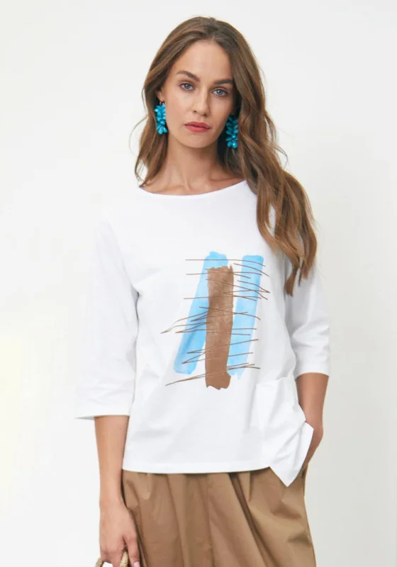 Naya Abstract Graphic T-Shirt, White & Vivid Blue-- Chenille Blend Fleece Blend Nylon Blend