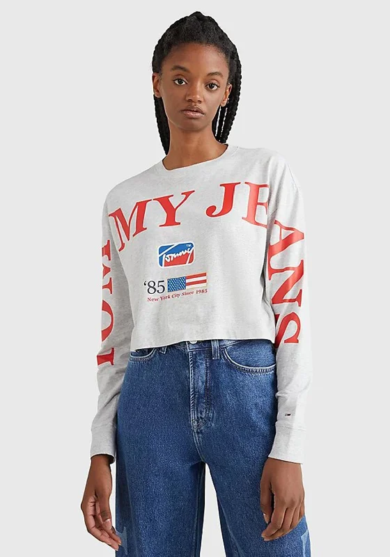 Tommy Jeans Womens Crop Long Sleeve T-Shirt, Silver Grey-- Sequined Glittery Shiny
