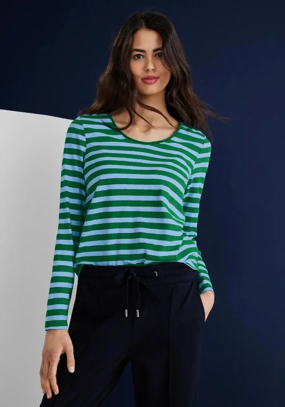 Street One Striped Long Sleeve T-Shirt, Brisk Green-- Notch Collar Peter Pan Collar Cowl Neck