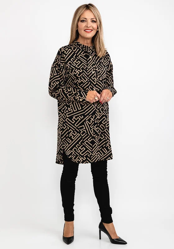 Seventy1 Round Neck Long Oversize Tunic Shirt, Black & Beige-- Striped Floral Plaid