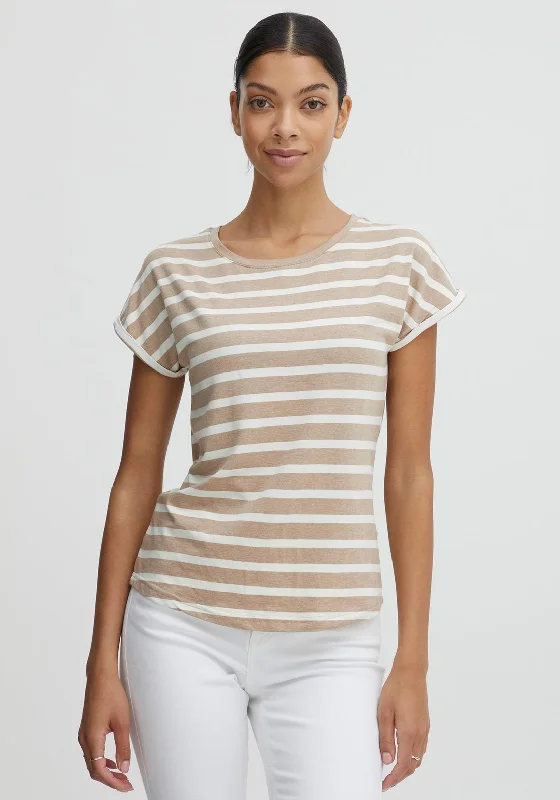 B.Young Stripe Pattern T-Shirt, Beige-- Print Jacquard Patchwork