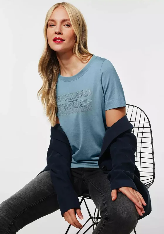 Street One Rhinestone Chest T-Shirt, Duck Egg-- Collared T-Shirt Boat Neck A-Line