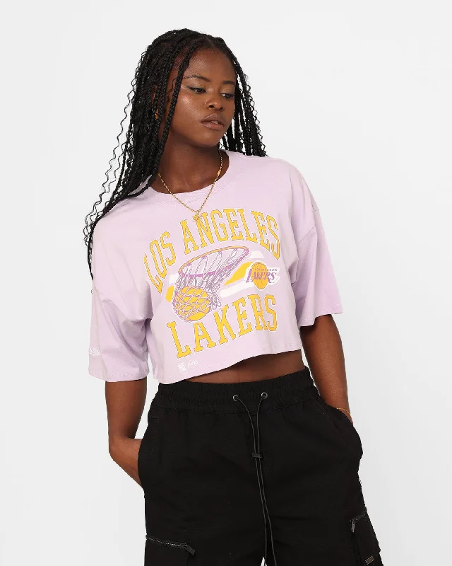 Mitchell & Ness Women's Los Angeles Lakers Dunk Arch Cut Off Crop T-Shirt Lavender-- Striped Floral Plaid Mitchell & Ness Women's Los Angeles Lakers Dunk Arch Cut Off Crop T-Shirt Lavender-- Striped Floral Plaid
