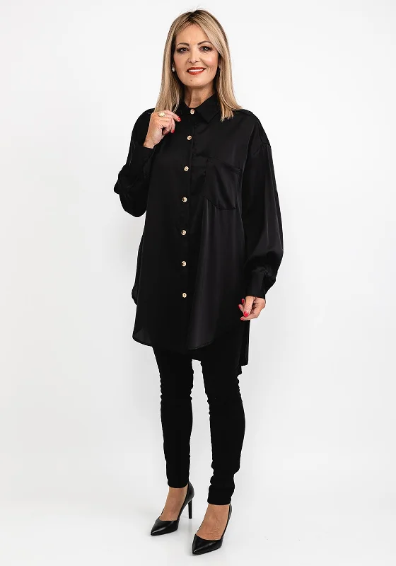 Seventy1 Satin Long Oversize Tunic Shirt, Black-- Front Pockets Side Pockets Patch Pockets Seventy1 Satin Long Oversize Tunic Shirt, Black-- Front Pockets Side Pockets Patch Pockets