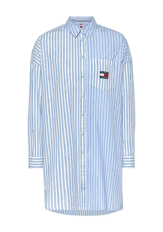 Tommy Jeans Womens Long Stripe Block Shirt, Blue-- Nylon Fabric Polyester Fabric Spandex Fabric Tommy Jeans Womens Long Stripe Block Shirt, Blue-- Nylon Fabric Polyester Fabric Spandex Fabric