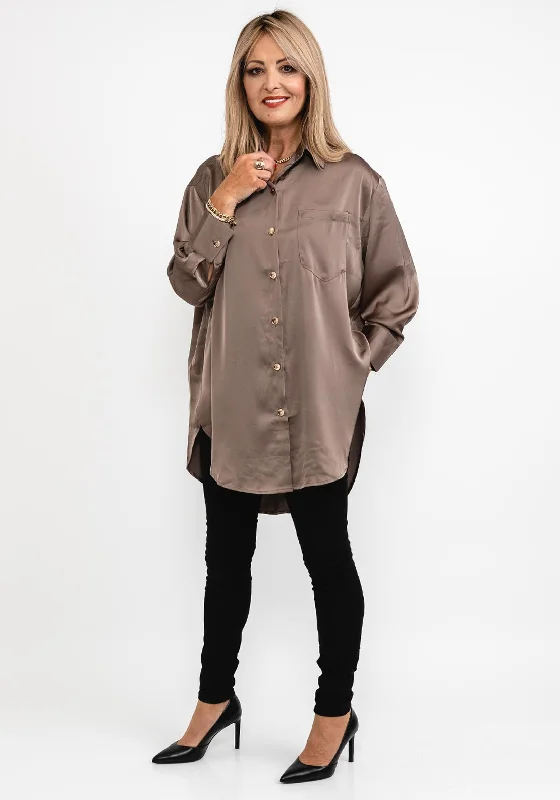 Seventy1 Satin Long Oversize Tunic Shirt, Taupe-- Collared Crew Neck Turtle Neck