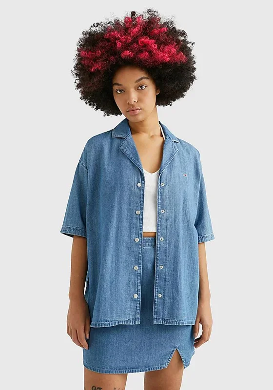 Tommy Jeans Womens Chambray Oversize Shirt, Medium Blue-- Print Jacquard Patchwork