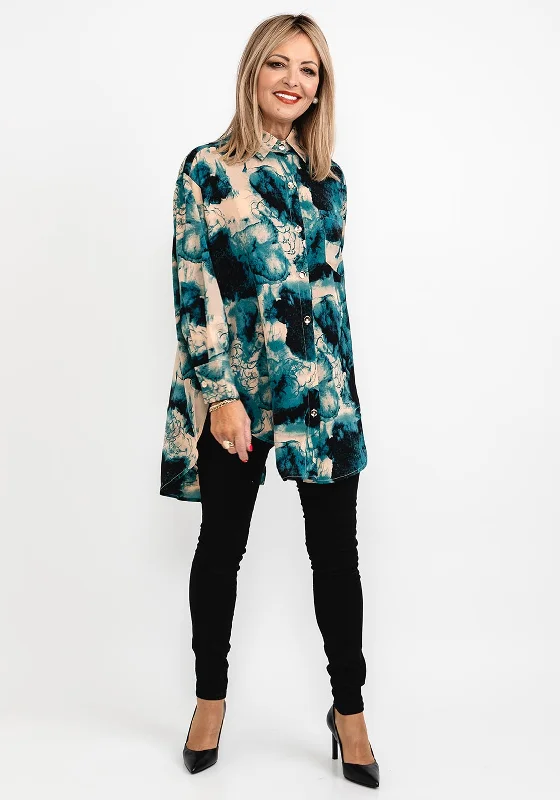 Seventy1 Printed Long Oversize Tunic Shirt, Teal Multi-- Print Jacquard Patchwork