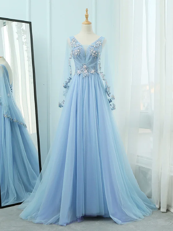 A-Line V Neck Tulle Lace Blue Long Prom Dresses, Blue Formal Evening Dress Crew Neckline Casual A-Line V Neck Tulle Lace Blue Long Prom Dresses, Blue Formal Evening Dress Crew Neckline Casual
