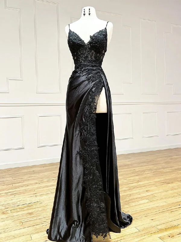 Black V Neck Satin Lace Long Prom Dress, Black Lace Long Evening Dress Boatneck Modish Everyday Black V Neck Satin Lace Long Prom Dress, Black Lace Long Evening Dress Boatneck Modish Everyday