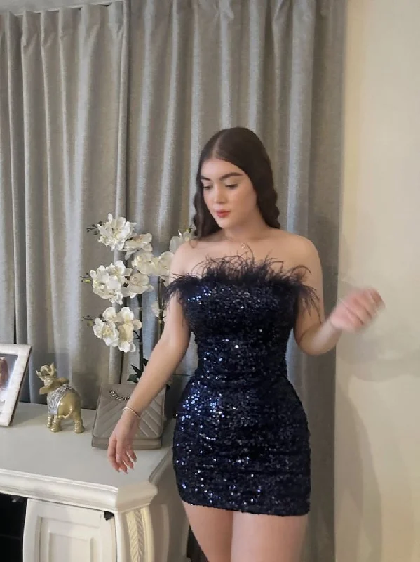 Black Strapless Sequined Short Party Dress Mini Homecoming Dress, DP2845 Off-the-shoulder Chic Trendy Black Strapless Sequined Short Party Dress Mini Homecoming Dress, DP2845 Off-the-shoulder Chic Trendy