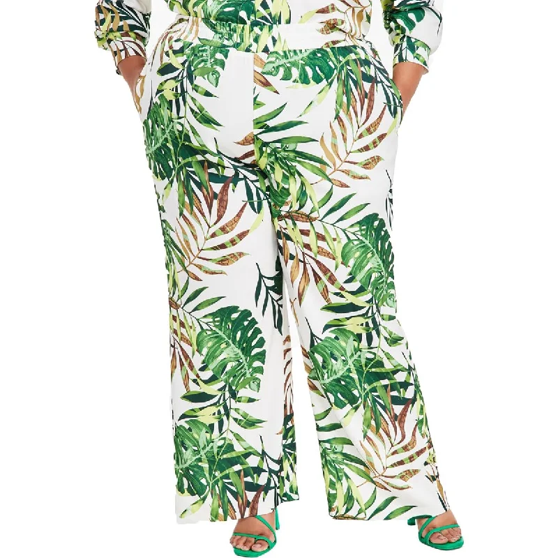 Nina Parker Womens Plus Tropical Print Pull On Wide Leg Pants Cozy Full-Length Pants Nina Parker Womens Plus Tropical Print Pull On Wide Leg Pants Cozy Full-Length Pants