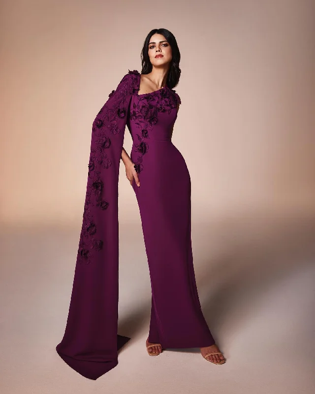 Elegant Purple 3D Flowers Evening Dress with Cape Sleeve SF105 Tunics Hiking breathable Elegant Purple 3D Flowers Evening Dress with Cape Sleeve SF105 Tunics Hiking breathable