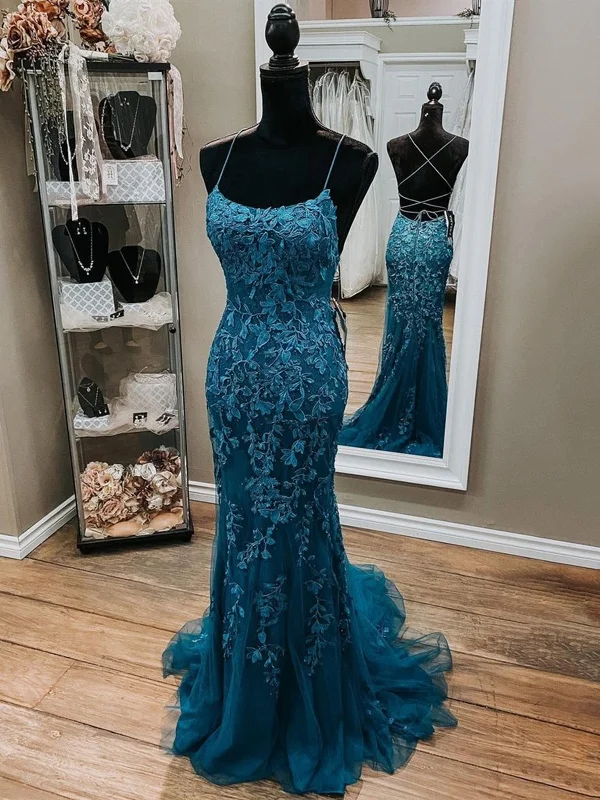 Dark Teal Blue Mermaid Lace Prom Dresses, Teal Blue Lace Mermaid Formal Evening Dresses Tunics Polka dots Dark Teal Blue Mermaid Lace Prom Dresses, Teal Blue Lace Mermaid Formal Evening Dresses Tunics Polka dots