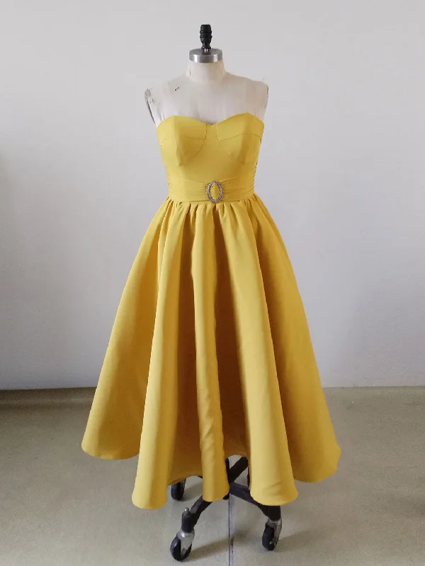 Yellow Sweetheart Neck Satin Tea Length Prom Dress, Yellow Formal Dress Tunics Exclusive limited Yellow Sweetheart Neck Satin Tea Length Prom Dress, Yellow Formal Dress Tunics Exclusive limited