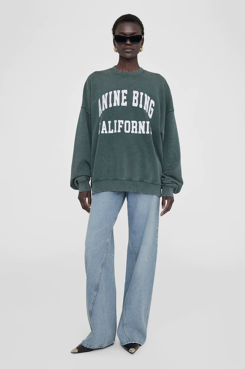 Anine Bing - Miles Sweatshirt in Washed Dark Sage Hoodie Sweatshirt Pullover