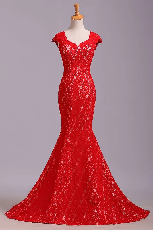 Elegant Red Sweetheart Mermaid Lace Cap Sleeve Open Back Prom Dress Party Dresses WK175 Tunics Stylish elegant Elegant Red Sweetheart Mermaid Lace Cap Sleeve Open Back Prom Dress Party Dresses WK175 Tunics Stylish elegant