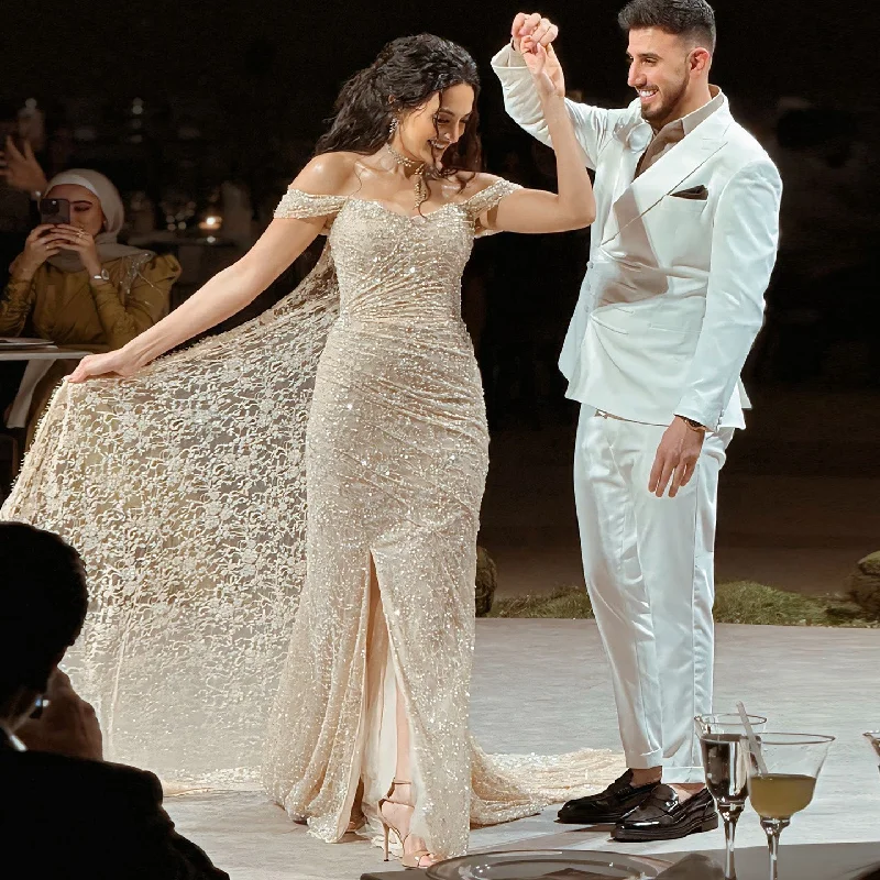 Elegant Lace Sequin Off Shoulder Evening dress SF395 Turtleneck Neckline Stylish