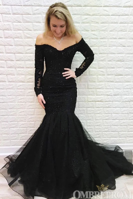 Black Prom Dresses Long Sleeves Off Shoulder Mermaid Party Dresses Tunics Party sparkling Black Prom Dresses Long Sleeves Off Shoulder Mermaid Party Dresses Tunics Party sparkling