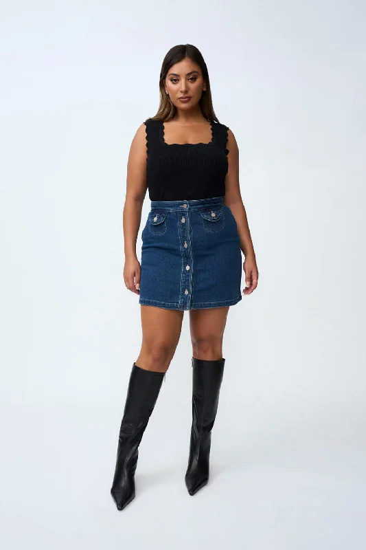 Daze Denim Pipe Mini Skirt | Final Sale- Indigo high slit skirt
