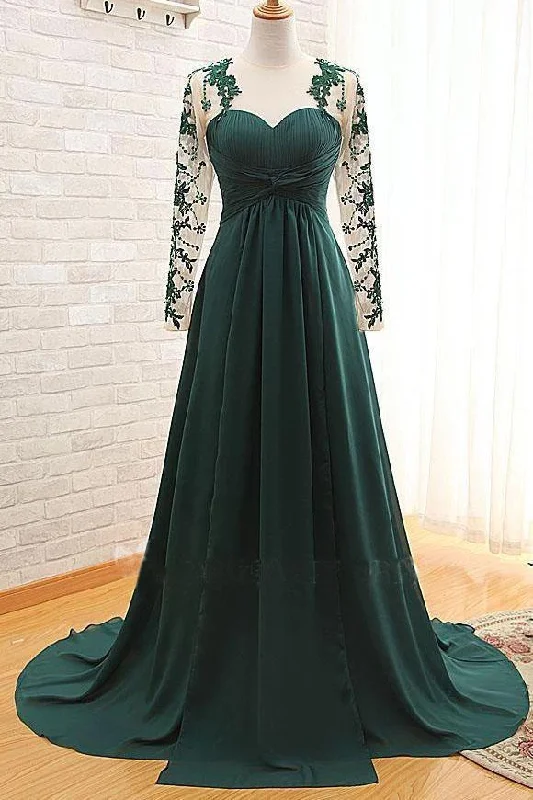 Elegant Long Sleeve Green Chiffon Long Appliqued Prom Dresses Open Back Party Dresses Tunics Lace romantic Elegant Long Sleeve Green Chiffon Long Appliqued Prom Dresses Open Back Party Dresses Tunics Lace romantic
