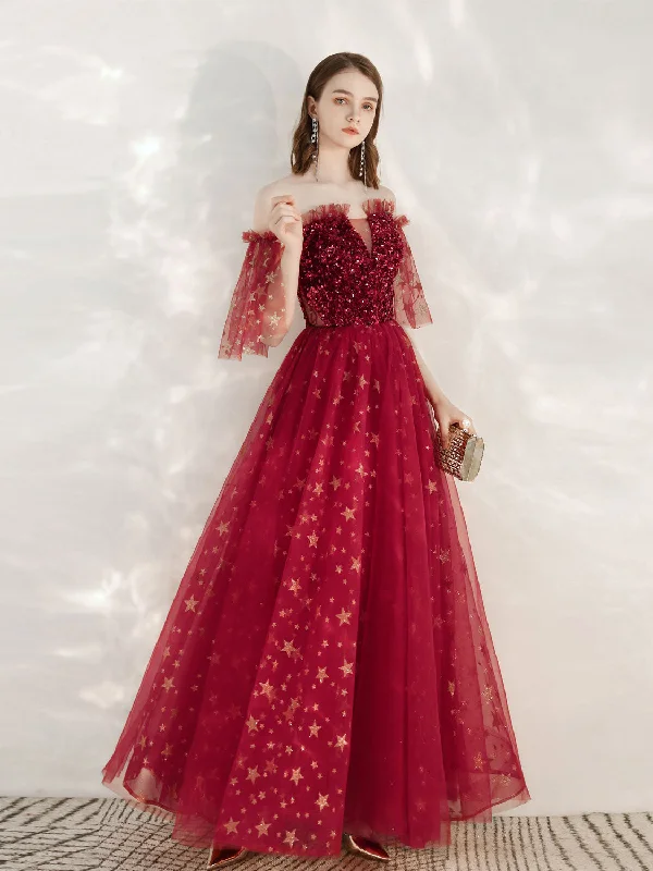 A-Line Burgundy Tulle Long Prom Dress, Burgundy Formal Evening Dresses Tunics Chic fashionable A-Line Burgundy Tulle Long Prom Dress, Burgundy Formal Evening Dresses Tunics Chic fashionable