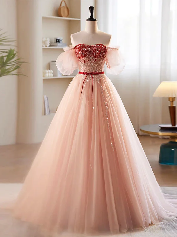 A-Line Sweetheart Neck Sequin Tulle Pink Long Prom Dress, Pink Formal Dress Crew Neckline Casual A-Line Sweetheart Neck Sequin Tulle Pink Long Prom Dress, Pink Formal Dress Crew Neckline Casual