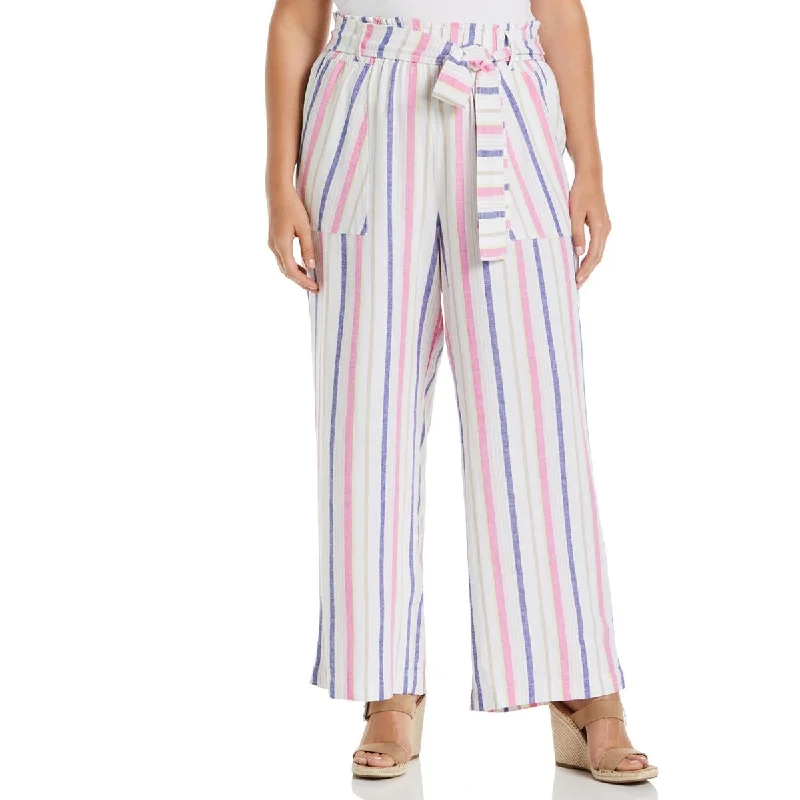 Ella Rafaella Womens Plus Striped Belted Wide Leg Pants Comfy High-Waist Jeans