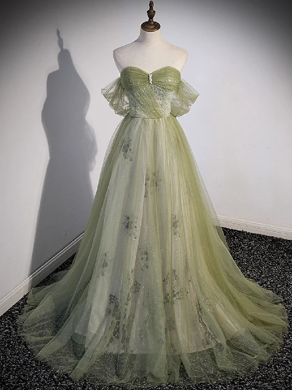 A Line Green Tulle Long Prom Dress, Green Formal Evening Dress with Beading Tunics Wedding white A Line Green Tulle Long Prom Dress, Green Formal Evening Dress with Beading Tunics Wedding white
