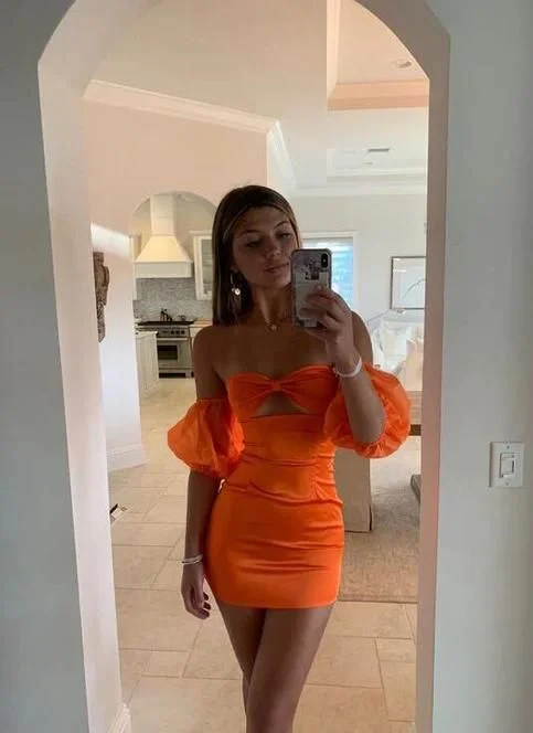 Orange Sweetheart Sheath Short Party Dress Homecoming Dress, DP2809 Square Neckline Feminine Orange Sweetheart Sheath Short Party Dress Homecoming Dress, DP2809 Square Neckline Feminine