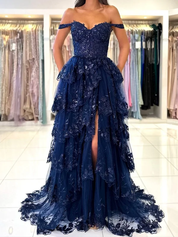 Off the Shoulder Dark Navy Blue Lace Prom Dresses, Dark Navy Blue Lace Formal Evening Dresses Boatneck Modish Everyday Off the Shoulder Dark Navy Blue Lace Prom Dresses, Dark Navy Blue Lace Formal Evening Dresses Boatneck Modish Everyday