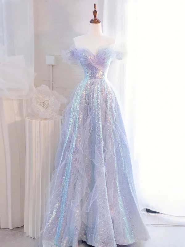 Purple Off Shoulder Tulle Sequin Long Prom Dress, Purple Formal Dress Tunics Designer luxury Purple Off Shoulder Tulle Sequin Long Prom Dress, Purple Formal Dress Tunics Designer luxury
