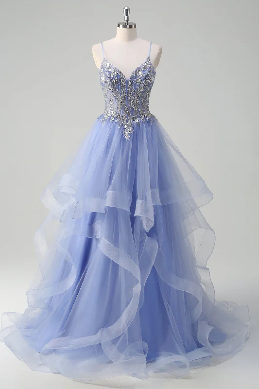 Sparkly Sequins Light Blue A Line Spaghetti Straps Long Prom Dress with Spiral Ruffles Tunics stripes playful Sparkly Sequins Light Blue A Line Spaghetti Straps Long Prom Dress with Spiral Ruffles Tunics stripes playful