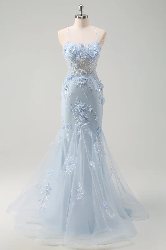 Blue Mermaid Spaghetti Straps Tulle Long Corset Prom Dress with 3D Flowers Tunics Ceremony elegant Blue Mermaid Spaghetti Straps Tulle Long Corset Prom Dress with 3D Flowers Tunics Ceremony elegant