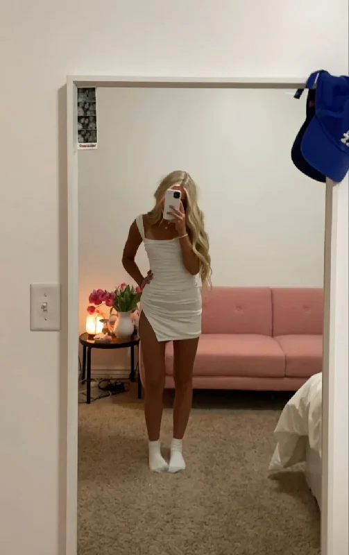 White Straps Short Party Dress Homecoming Dress with Slit, DP2743 Turtleneck Neckline Stylish White Straps Short Party Dress Homecoming Dress with Slit, DP2743 Turtleneck Neckline Stylish