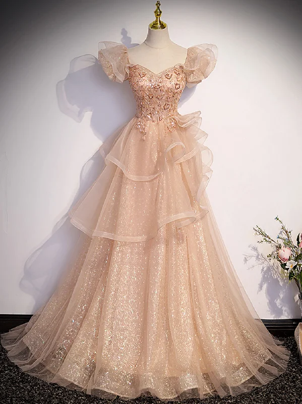 Champagne A-Line Tulle Beading Long Prom Dress, Champagne Formal Dresses Tunics Luxurious high-end Champagne A-Line Tulle Beading Long Prom Dress, Champagne Formal Dresses Tunics Luxurious high-end