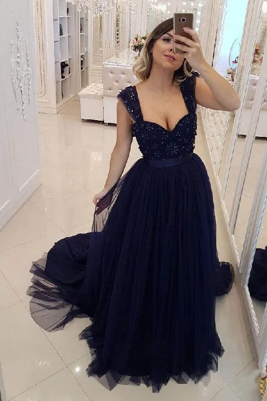 A Line Navy Blue Beaded Military Prom Dresses Tulle Straps Sweetheart Party Dresses WK744 Tunics Luxurious high-end A Line Navy Blue Beaded Military Prom Dresses Tulle Straps Sweetheart Party Dresses WK744 Tunics Luxurious high-end