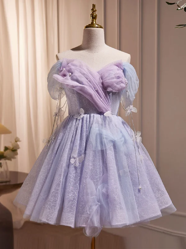 Purple Off Shoulder Tulle Short Prom Dress, Purple Homecoming Dress Tunics Stylish modern Purple Off Shoulder Tulle Short Prom Dress, Purple Homecoming Dress Tunics Stylish modern