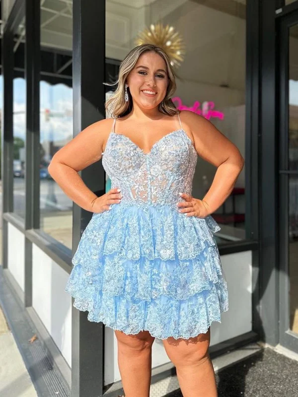 A Line V Neck Open Back Layered Blue Lace Short Prom Dresses, Blue Lace Homecoming Dresses, Blue Formal Evening Dresses Tunics Polka dots A Line V Neck Open Back Layered Blue Lace Short Prom Dresses, Blue Lace Homecoming Dresses, Blue Formal Evening Dresses Tunics Polka dots
