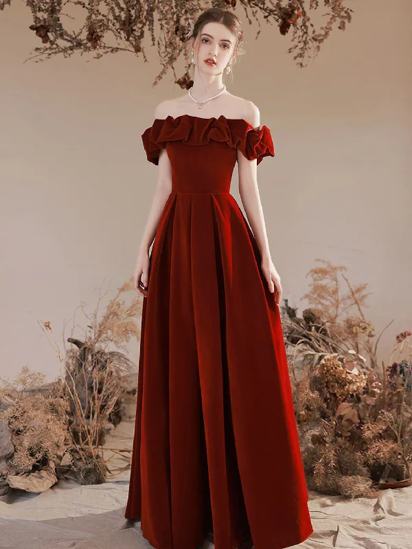 A-Line Off Shoulder Velvet Burgundy Long Prom Dress, Burgundy Evening Dresses Tunics Trendy modern A-Line Off Shoulder Velvet Burgundy Long Prom Dress, Burgundy Evening Dresses Tunics Trendy modern