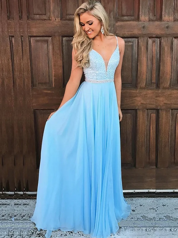 A Line V Neck Light Blue Beaded Prom Dresses, Light Blue Long Formal Evening Dresses Tunics Short Trendy A Line V Neck Light Blue Beaded Prom Dresses, Light Blue Long Formal Evening Dresses Tunics Short Trendy