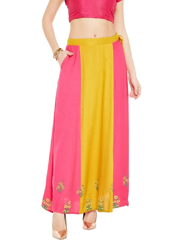 Women's Mustard Yellow & Pink Block Print Skirt - BitterLime linen skirt relaxed