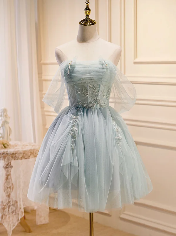 Puffy Tulle Off Shoulder Green Short Prom Dress, Green Homecoming Dresses Tunics Denim casual Puffy Tulle Off Shoulder Green Short Prom Dress, Green Homecoming Dresses Tunics Denim casual