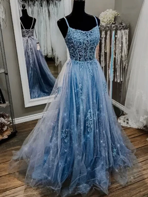 Spaghetti Straps Blue Lace Prom Dresses, Blue Lace Long Formal Graduation Dresses Shift Classic Vintage Spaghetti Straps Blue Lace Prom Dresses, Blue Lace Long Formal Graduation Dresses Shift Classic Vintage