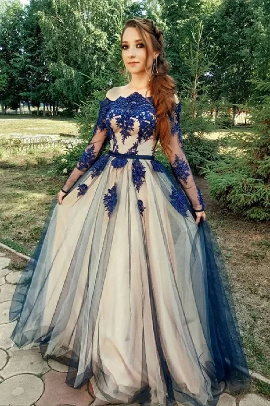 Unique Long Sleeve Off the Shoulder Tulle Long Prom Dresses, Appliques Blue Party Dresses STI15459 Satin Halter Glamorous