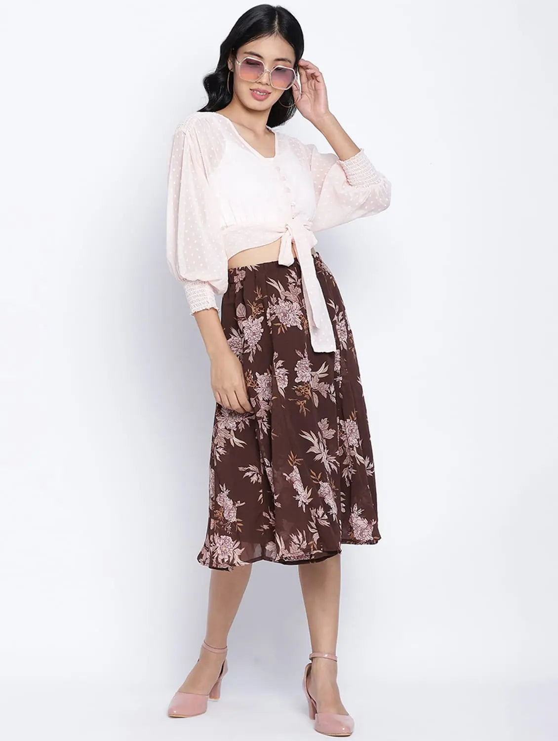 Loco Lour Brownish Floral Print Women Skirt chiffon skirt floaty