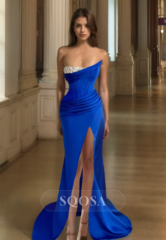 Asymmetrical Tube Top Off-Shoulder Mermaid Prom Dress Beaded Pleated Satin High Slit Party Dress Tunics Ceremony elegant Asymmetrical Tube Top Off-Shoulder Mermaid Prom Dress Beaded Pleated Satin High Slit Party Dress Tunics Ceremony elegant