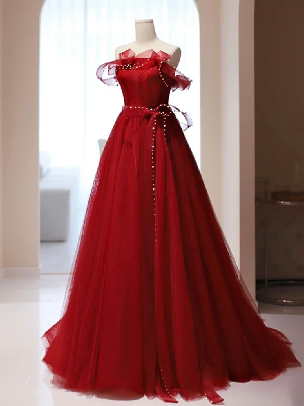 Burgundy A-Line Tulle Long Prom Dress, Burgundy Tulle Formal Dress Tunics Spring floral Burgundy A-Line Tulle Long Prom Dress, Burgundy Tulle Formal Dress Tunics Spring floral