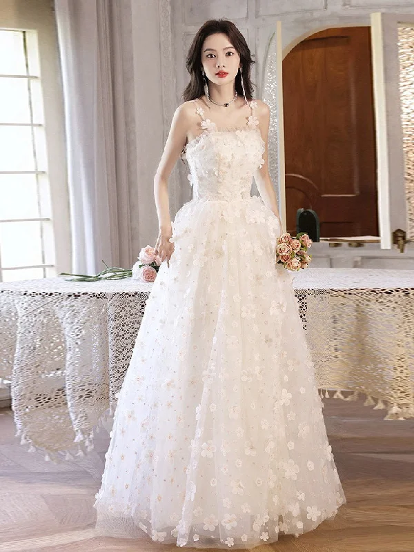 White A-Line Tulle Flower Long Prom Dress, White Formal Evening Dress Tunics Bestseller popular White A-Line Tulle Flower Long Prom Dress, White Formal Evening Dress Tunics Bestseller popular